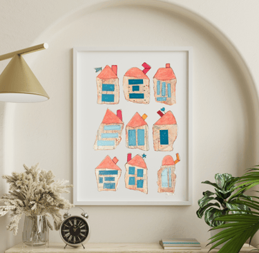 a picture of six whimiscal houses and a clock with plants on a desk
