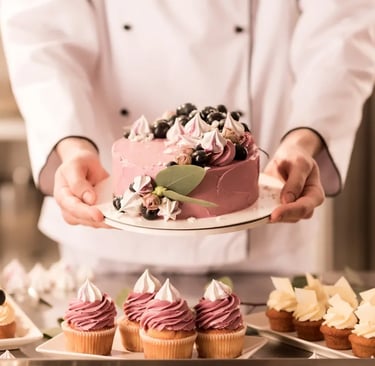 Pastry chef student decorating a cake in baking class