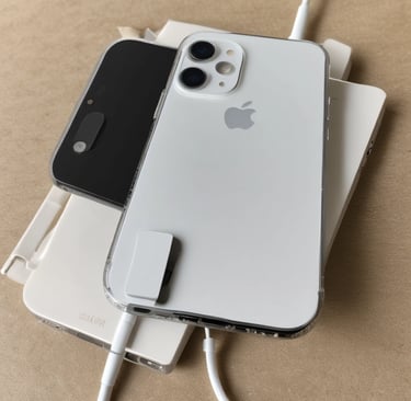 A white smartphone with an Apple logo on its back is placed face down on a wooden surface. The wooden grain texture is visible, and a pencil is lying nearby.
