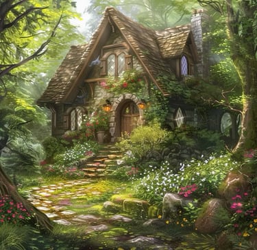 a house with a garden and a dog in the background