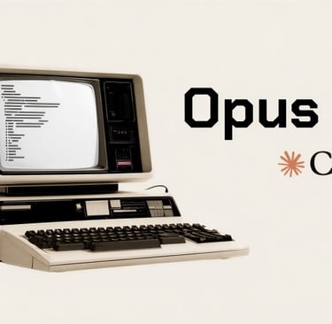 Retro computer display showing code next to Opus 4.6 and Claude AI branding.