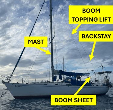 Diagram of sailboat Tauha showing mast, backstay, boom topping lift, and boom sheet labeled