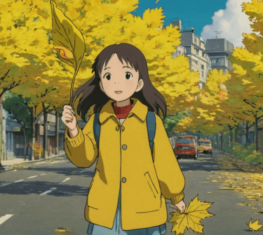 Una niña con una hoja en la mano, en otoño