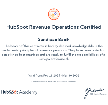 HubSpot Revenue Operations Certified - Sandipan Banik - www.sandipanbanik.com