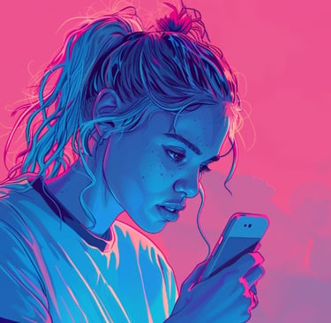 Young girl in a sports top staring at her phone