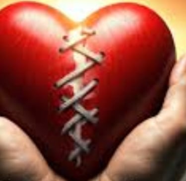 A broken heart glowing with golden Qur'anic light, surrounded by prayer beads and a soft sunrise in
