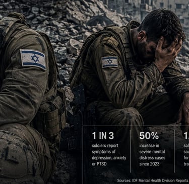 An overview of the mental health crisis affecting Israeli soldiers since 2023, including rising PTSD