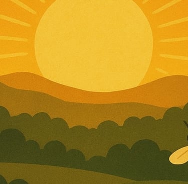 image of sunrise over nature or bees in flight — symbol of new beginnings.