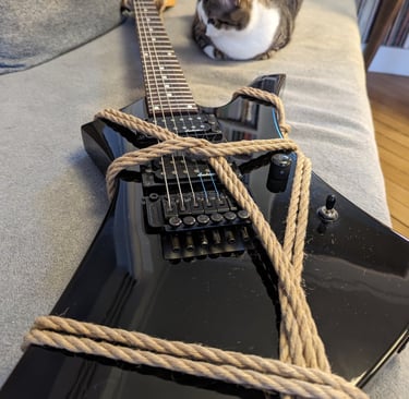 Guitare attachée façon shibari posée sur un canapé à côté du chat