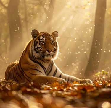 a tiger basking in the sunlight, which is filtering through trees in a jungle
