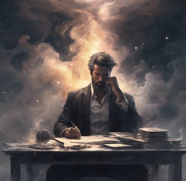 a man sitting at a desk with a phone in his hand