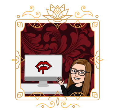 a woman with glasses in front of a computer with a red lips logo in a victorian frame