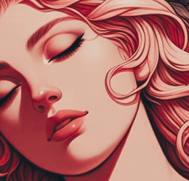 a woman with a red hair and a flowered background