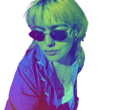 a woman (Angelina Young) in sunglasses and sunglasses is holding a cell phone