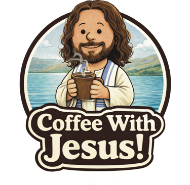Cartoon of Jesus with coffee enjoying a peaceful morning at the Sea of Galilee