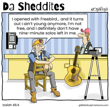 Cartoon of old biker musician who struggles to do what he once did with ease.