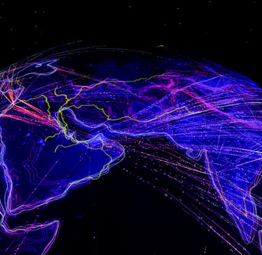 Bunte abstrakte Visualisierung des globalen Datenflusses über Asien und Umgebung.