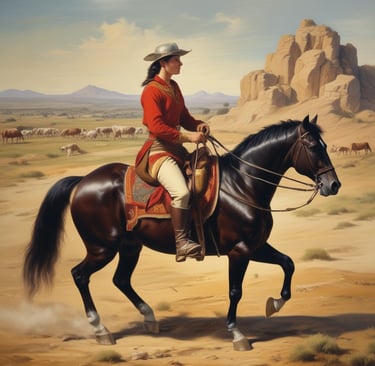 a painting of a man in a red coat riding a horse in vaquero style