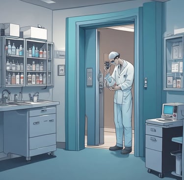 A person wearing a blue protective suit and mask is working in a laboratory setting. They are handling petri dishes on a counter with a digital display and laboratory equipment nearby. The room has clean, white walls and a blue door.
