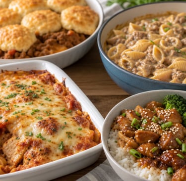 A variety of family dinner recipes including cheesy pasta bake, beef pot pie, and chicken stir fry with rice.