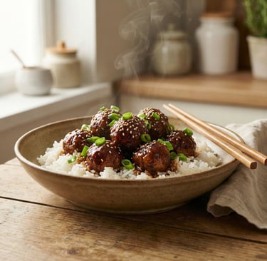 Sticky Asian meatballs with sesame seeds and green onions served over white rice in a bowl.