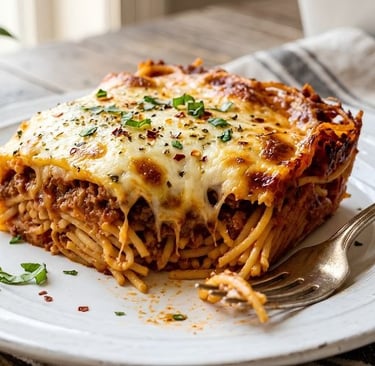 Baked spaghetti casserole with melted mozzarella cheese and savory meat sauce served on a white plate.