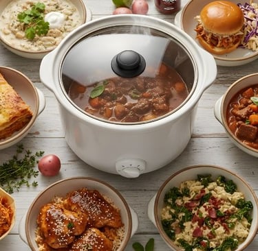 White slow cooker surrounded by various meals like beef stew, lasagna, and pulled pork sandwiches.