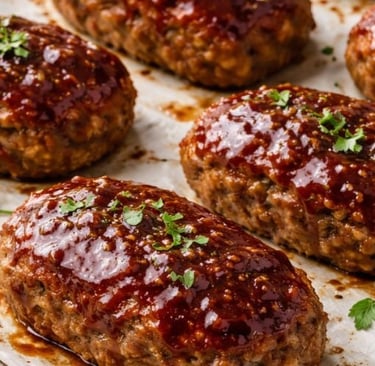 Glazed mini meatloaves with a savory honey bbq sauce and fresh parsley garnish on a baking sheet.