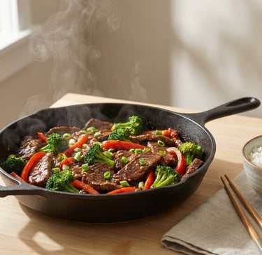 Steaming beef and broccoli stir fry with red peppers in a cast iron skillet served with white rice.