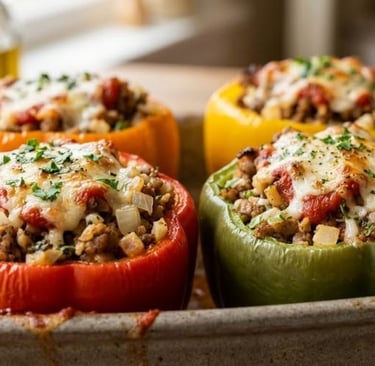 Baked stuffed bell peppers with ground meat, rice, tomato sauce, and melted mozzarella cheese.