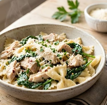 Creamy chicken and spinach farfalle pasta bowl topped with parmesan cheese and herbs.