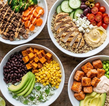 a variety of food items in bowls on a table