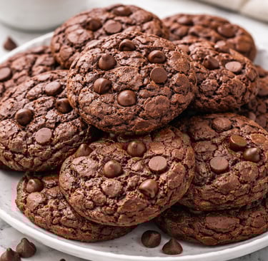 A stack of chewy brownie mix cookies on a white plate over a marble countertop.