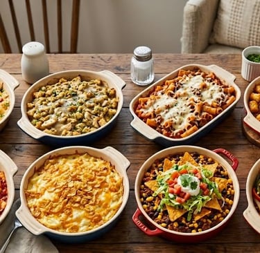 Variety of homemade casserole recipes in ceramic dishes including pasta bake, tater tot casserole, and cheesy potatoes.