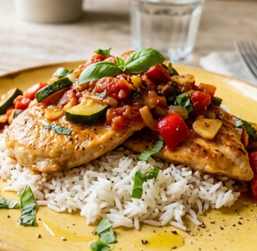 Grilled chicken breast topped with vegetable ratatouille served over a bed of white rice on a yellow plate.