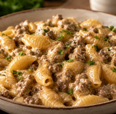 Creamy ground beef and shells pasta bowl with homemade cheesy hamburger helper sauce.