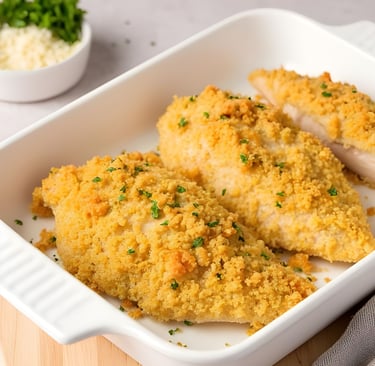 Crispy baked chicken breasts with a golden cracker crumb crust and fresh parsley in a white ceramic dish.