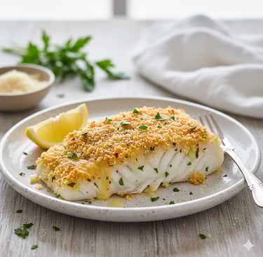 Parmesan-crusted cod fillet with a crispy breadcrumb topping and fresh parsley on a white plate.