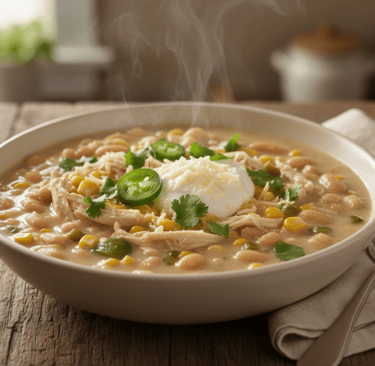 Steaming bowl of creamy white chicken chili with beans, corn, and jalapeños.