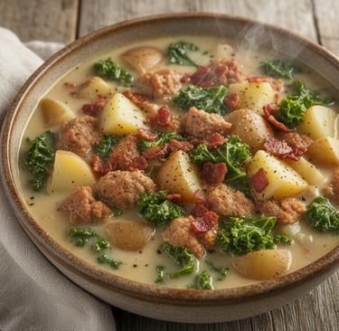A steaming bowl of Zuppa Toscana soup with sausage, kale, potatoes, and bacon bits.