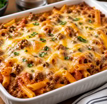 Hamburger pasta bake with melted mozzarella cheese, hearty meat sauce, and fresh parsley garnish.