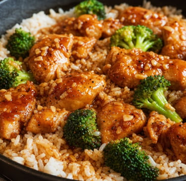 Savory honey garlic chicken and broccoli stir-fry served over a bed of white rice in a skillet.