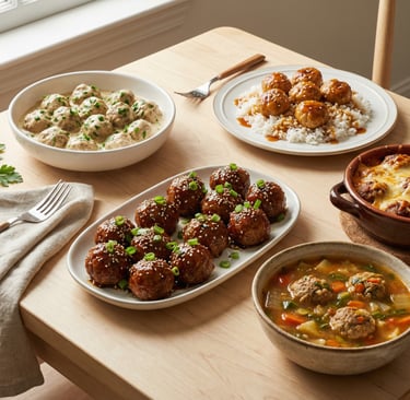 Variety of meatball recipes including Swedish meatballs, teriyaki glaze, and meatball vegetable soup on a wooden table.