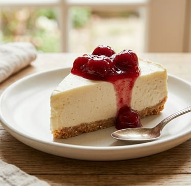 A slice of creamy no-bake cheesecake topped with red cherry sauce on a white ceramic plate.