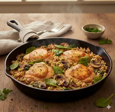 Skillet chicken and rice with mushrooms and fresh spinach in a cast iron pan.