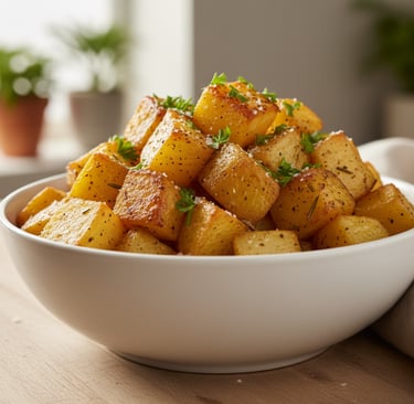 Crispy golden roasted potatoes seasoned with fresh herbs in a white ceramic bowl on a wooden table.