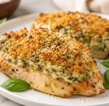 Baked parmesean and basil chicken breast with a crispy golden breadcrumb topping.