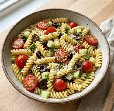 Fresh pasta salad with rotini, cherry tomatoes, cucumbers, and black olives in a ceramic bowl.