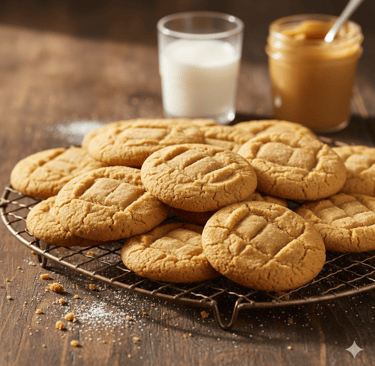 Freshly baked peanut butter cookies on a cooling rack with a glass of milk and peanut butter jar.