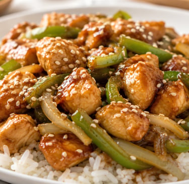 Easy sesame chicken stir-fry with green peppers and sesame seeds served over a bed of white rice.
